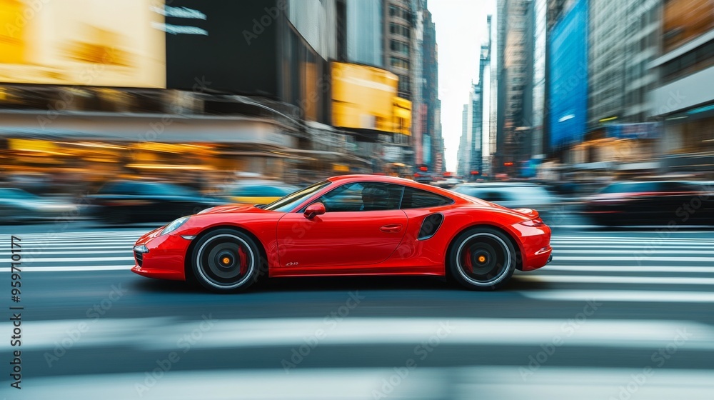 Red Sports Car Speeding Through City Streets Red Sports Car Speeding Through City Streets