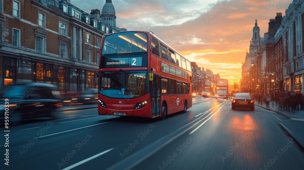Fototapeta premium Red Double-Decker Bus in London at Sunset