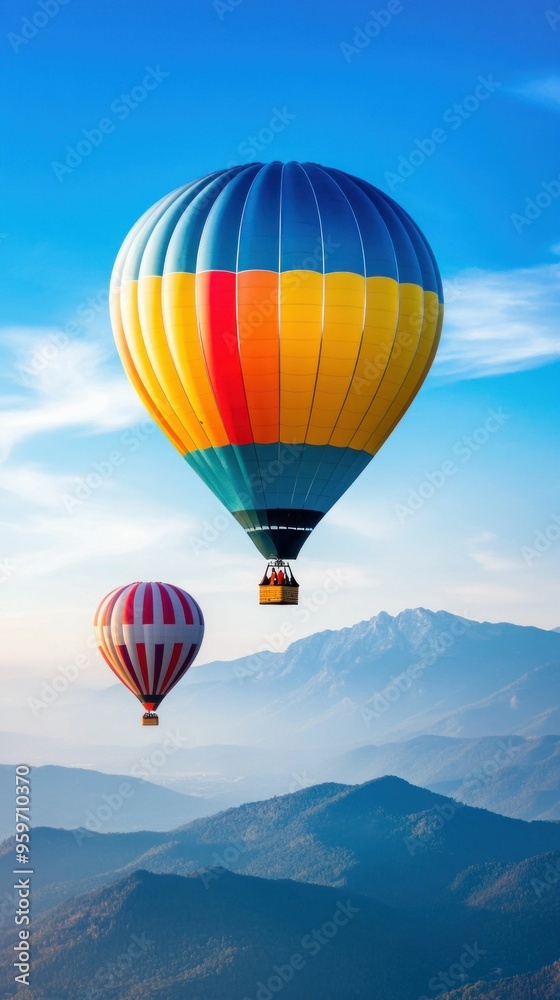 Fototapeta premium Colorful hot air balloons soaring over mountains at sunrise