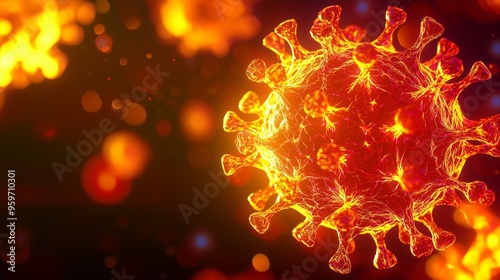 Fototapeta Naklejka Na Ścianę i Meble -  A 3D depiction of the dengue virus, showing spherical particles with intricate protein spikes, glowing in yellow and red hues