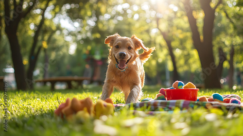 Joyful Dog Day OutA Playful Pup Surrounded by Colorful Pet Products in a Sunlit Park photo