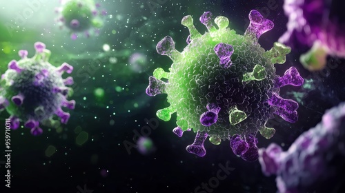 A microscopic rendering of HIV particles, with detailed surface proteins glowing in soft green and purple, suspended in a dark space