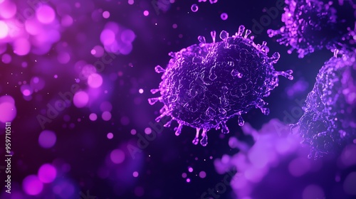A vibrant 3D rendering of anthrax spores, with rough, textured surfaces and glowing purple highlights on a dark background