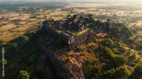 Aerial perspective of the majestic Preah Vihear Temple, perched on a cliff with sweeping views of the surrounding plains. photo