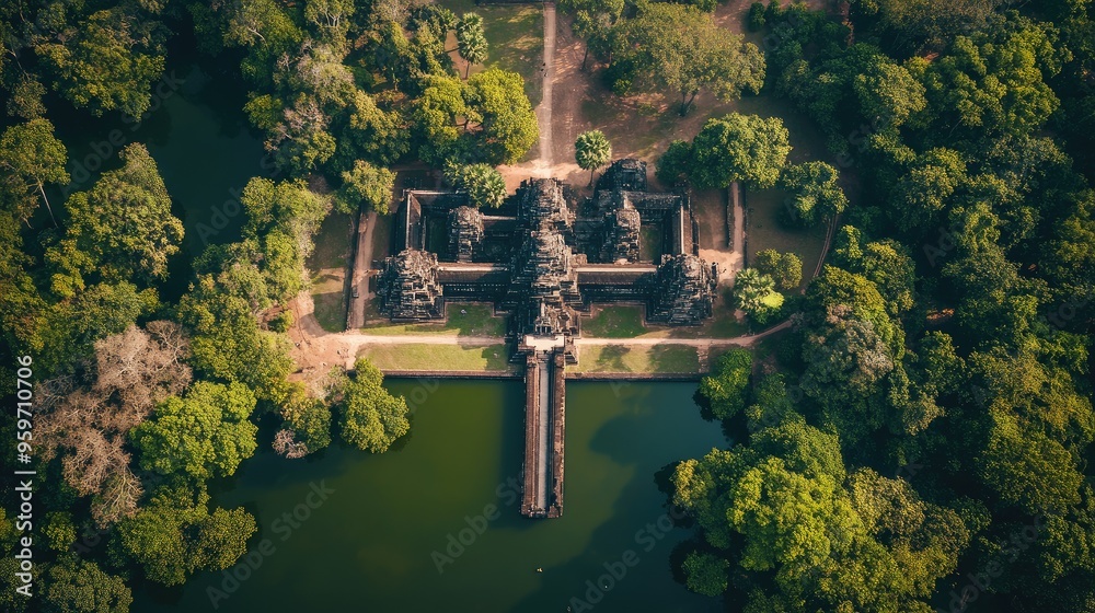 Aerial perspective of the mysterious Angkor Wat moat, with lush vegetation and hidden paths surrounding the temple. Aerial perspective of the mysterious Angkor Wat moat, with lush vegetation and hidden paths surrounding the temple.