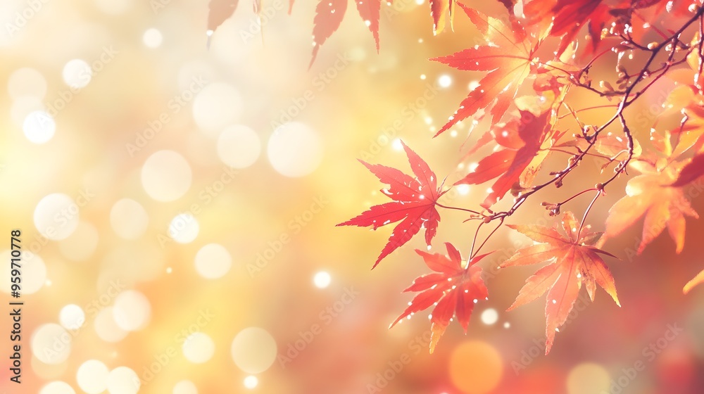 A serene autumn scene featuring vibrant red maple leaves against a soft, blurred bokeh background. A serene autumn scene featuring vibrant red maple leaves against a soft, blurred bokeh background.
