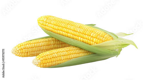 Fresh yellow corn on the cob with husks isolated transparent background