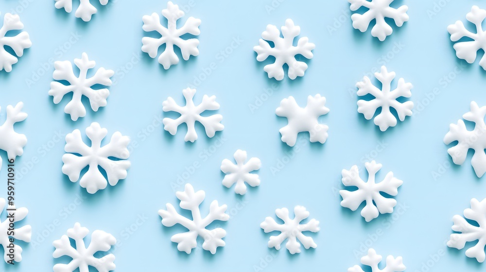 A light blue background scattered with various white snowflake shapes creates a winter-themed design perfect for seasonal projects. A light blue background scattered with various white snowflake shapes creates a winter-themed design perfect for seasonal projects.