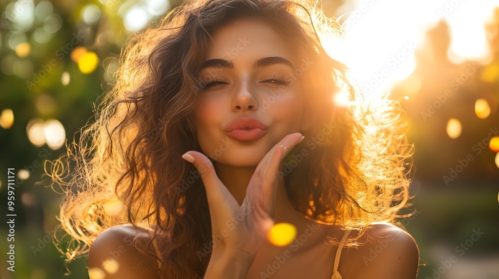 Fototapeta premium A young woman with beautiful curly hair playfully poses in a sunlit outdoor setting, surrounded by soft glowing bokeh and floating petals.