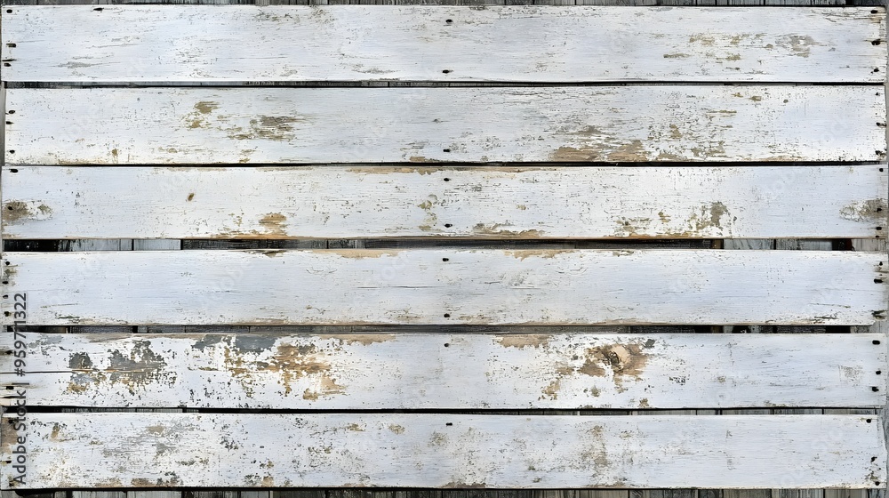 Fototapeta premium A weathered wooden background featuring distressed white planks, perfect for rustic-themed designs and presentations. 