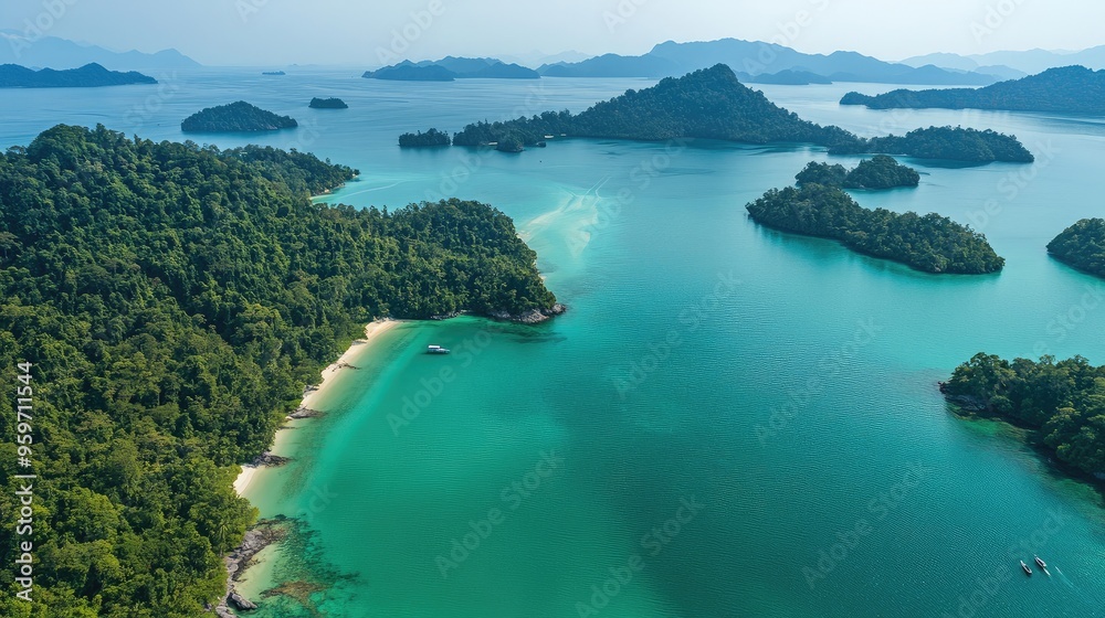 Aerial perspective of the serene Langkawi Archipelago, with its scattered islands and crystal-clear waters. Aerial perspective of the serene Langkawi Archipelago, with its scattered islands and crystal-clear waters.