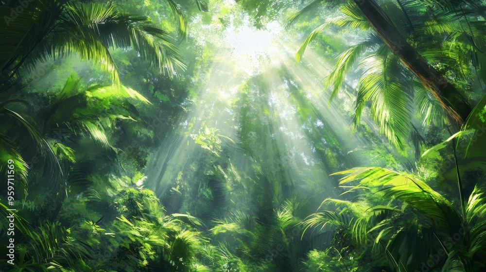 Sunlight breaks through the dense canopy of a lush green jungle, illuminating the rainforest floor with a soft glow. Sunlight breaks through the dense canopy of a lush green jungle, illuminating the rainforest floor with a soft glow.