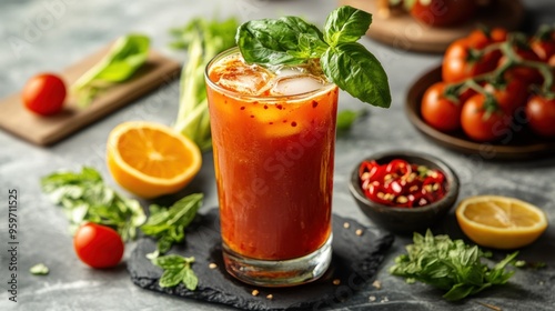 Wallpaper Mural A tall glass filled with a refreshing Bloody Mary cocktail garnished with fresh basil, ice cubes, and served with ingredients such as tomatoes, celery, lemon, and chili peppers. Torontodigital.ca