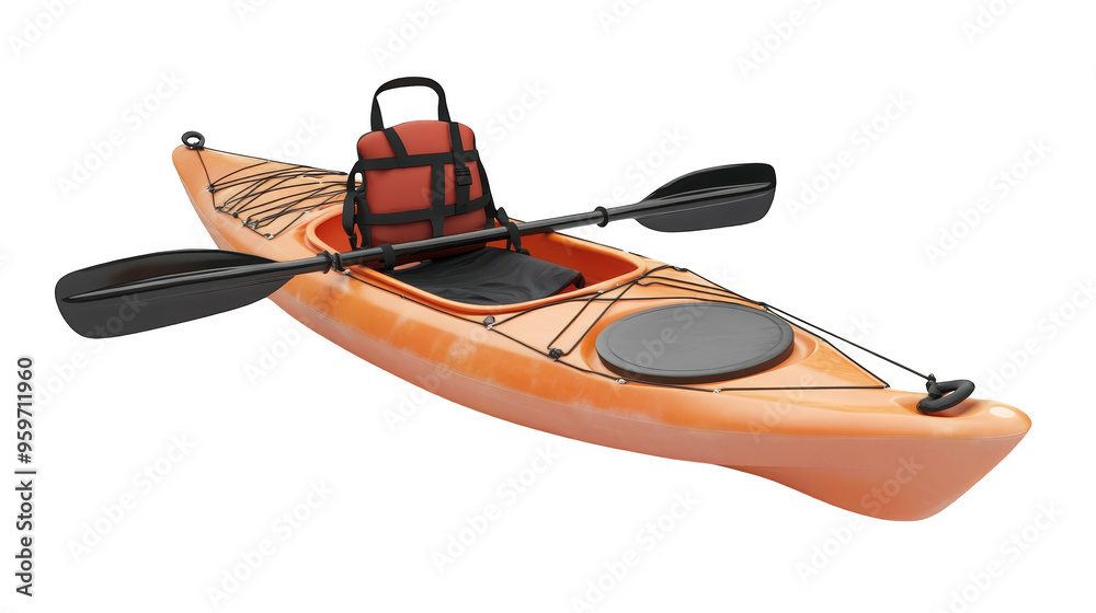 Orange kayak with paddle and life vest isolated transparent background