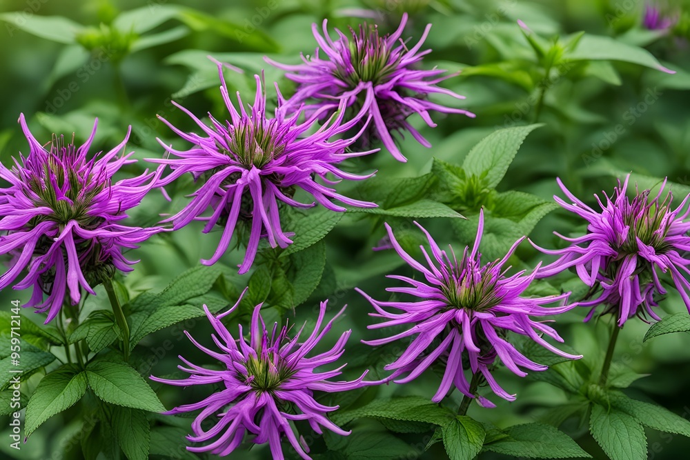 Purple bee balm flowers with tubular petals and green leaves, AI Generated Purple bee balm flowers with tubular petals and green leaves, AI Generated