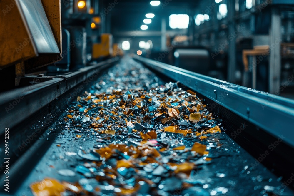 Conveyor Belt Carrying Broken Glass and Metal in Industrial Factory Conveyor Belt Carrying Broken Glass and Metal in Industrial Factory