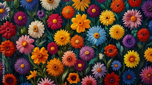 A Canvas of multicolor Flowers in oil painting - Generative Ai