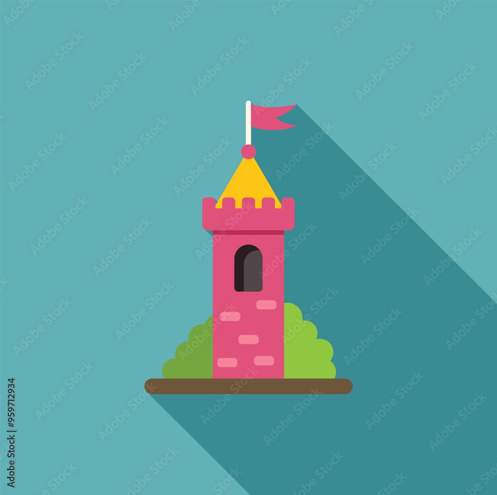 Minimalist flat design illustration of a pink castle tower with a waving flag on top Minimalist flat design illustration of a pink castle tower with a waving flag on top