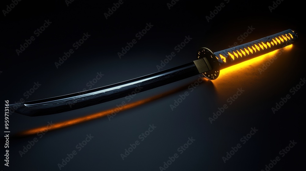 Glowing Katana Sword with Reflection in the Darkness Glowing Katana Sword with Reflection in the Darkness