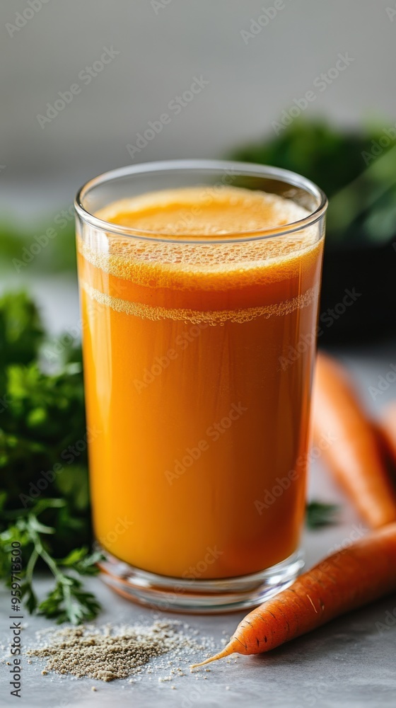 A glass of freshly squeezed carrot juice with carrots and parsley in the background. A glass of freshly squeezed carrot juice with carrots and parsley in the background.