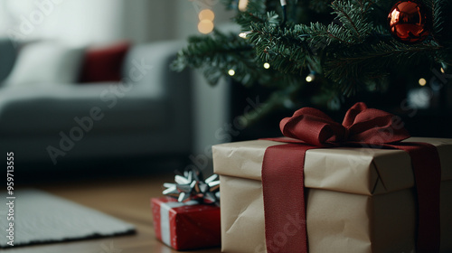 Wrapped Christmas Presents Under a Beautifully Decorated Tree photo