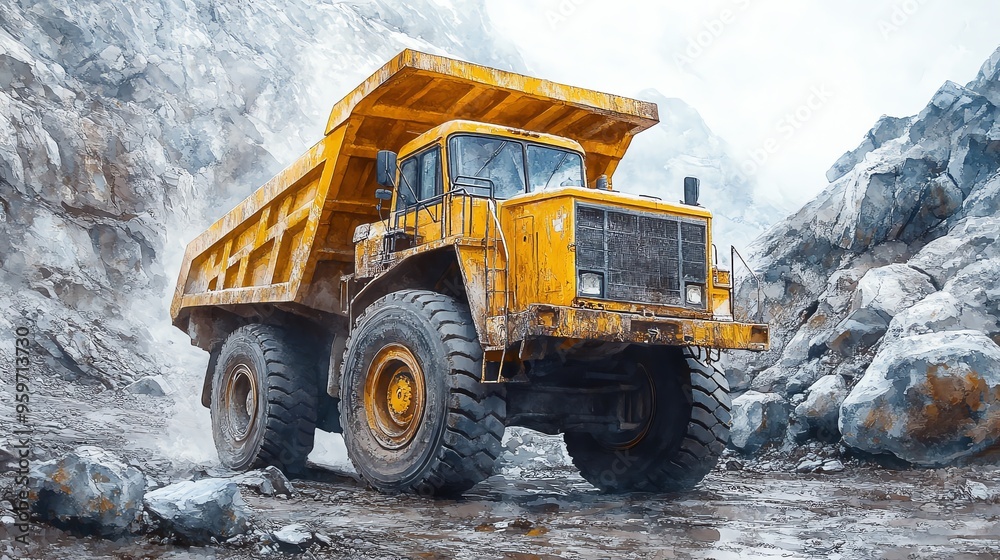 Bright yellow dump truck in a quarry, surrounded by large boulders, watercolor style Bright yellow dump truck in a quarry, surrounded by large boulders, watercolor style