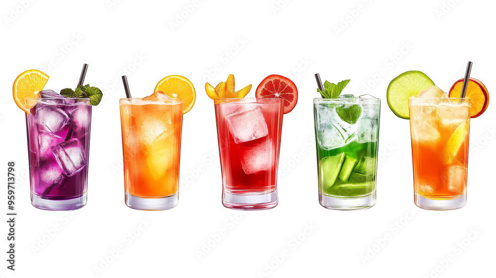 Colorful Cocktails with Ice Fruit and Straws