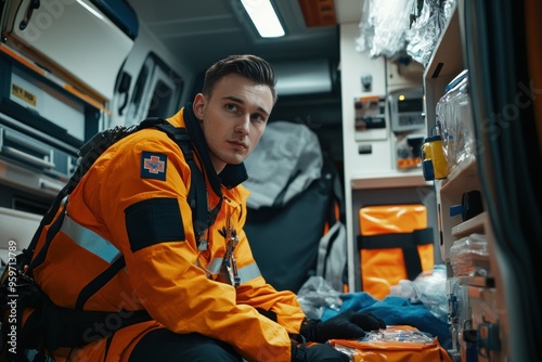 Paramedic providing emergency care in an ambulance, focused and composed, with medical equipment neatly organized around them 