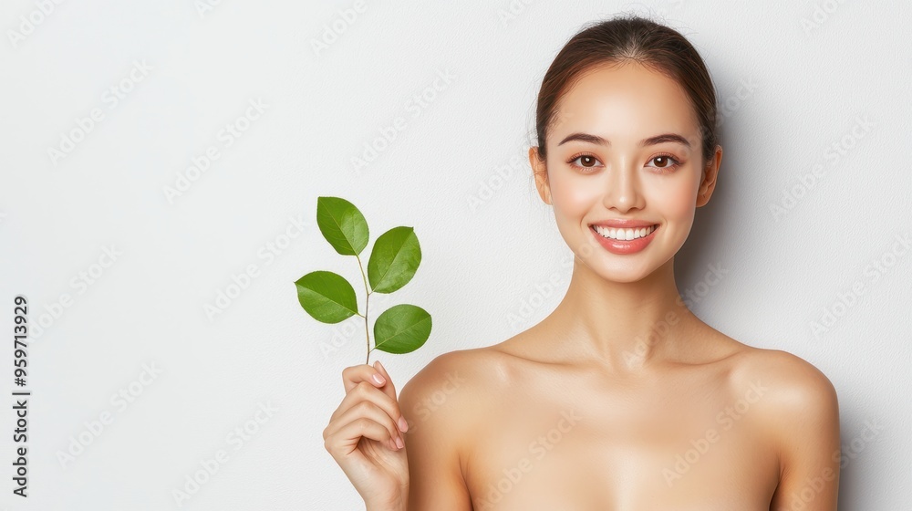Radiant Asian Woman Embracing Natural Beauty with Green Leaf - Portrait of Warmth and Joy Radiant Asian Woman Embracing Natural Beauty with Green Leaf - Portrait of Warmth and Joy