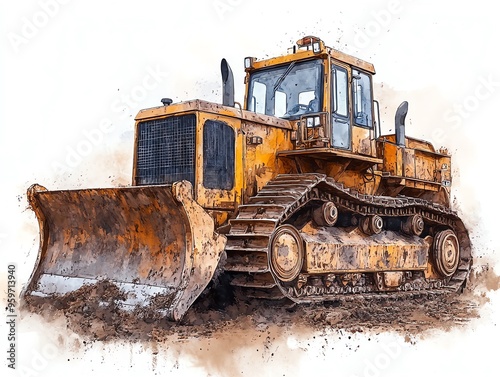 Bulldozer covered in dirt and grime, hardworking machine, watercolor style photo