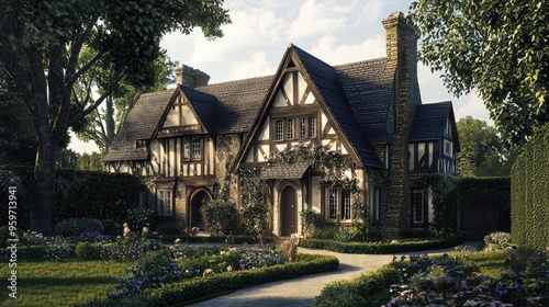 Majestic Tudor Manor House Nestled in Verdant Countryside Landscape