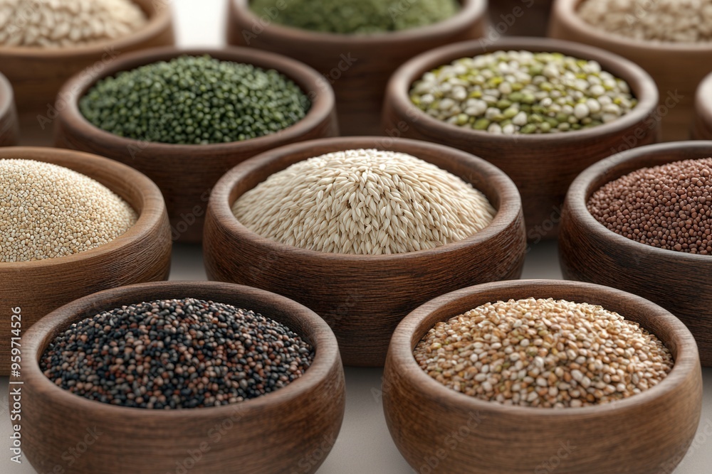 Assorted grains and seeds arranged in wooden bowls, featuring different varieties and vibrant colors, perfect for health and nutrition themes. Assorted grains and seeds arranged in wooden bowls, featuring different varieties and vibrant colors, perfect for health and nutrition themes.