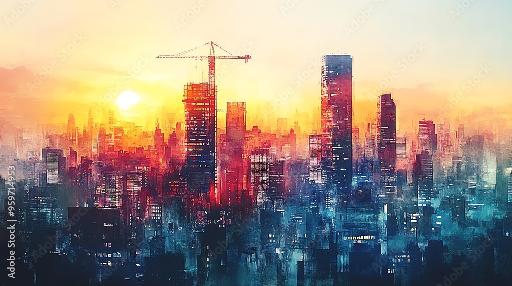 Fototapeta premium Crane in a bustling city, building a skyscraper, vibrant urban backdrop, watercolor style