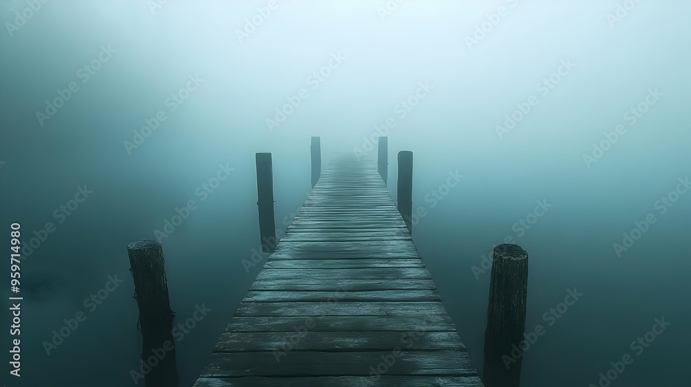 Fototapeta premium Foggy Lake Wooden Pier Path