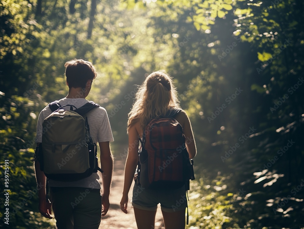 A young couple with backpacks walking on a sunlit forest trail, enjoying a peaceful hike surrounded by lush greenery. A young couple with backpacks walking on a sunlit forest trail, enjoying a peaceful hike surrounded by lush greenery.