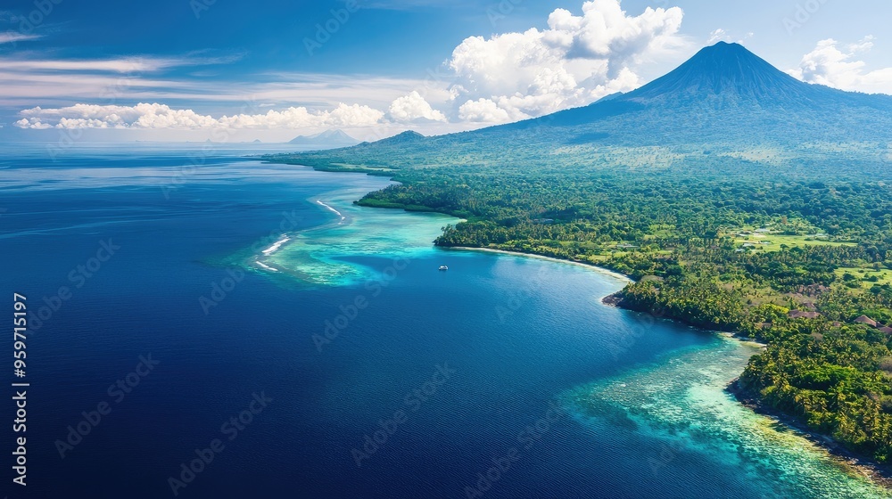 Obraz premium Aerial shot of the serene coastal area of Manado, with deep blue waters, coral reefs, and volcanic peaks in the distance.