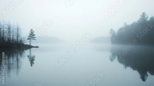 Misty morning landscape with a lone tree standing on an island in a still lake.