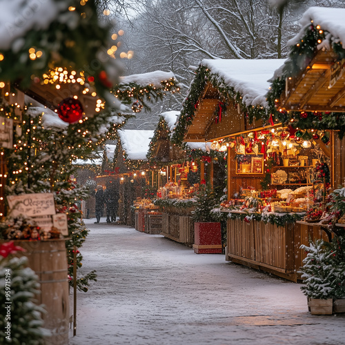 a christmas market with beautifully decorated market stalls in a snowy winter scene