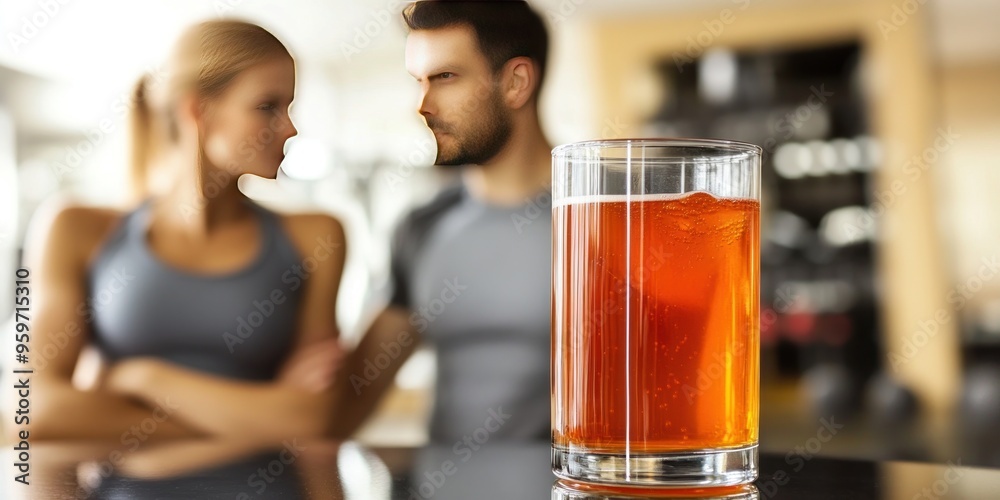 Glass of amber liquid in focus with a blurred out couple behind. Glass of amber liquid in focus with a blurred out couple behind.