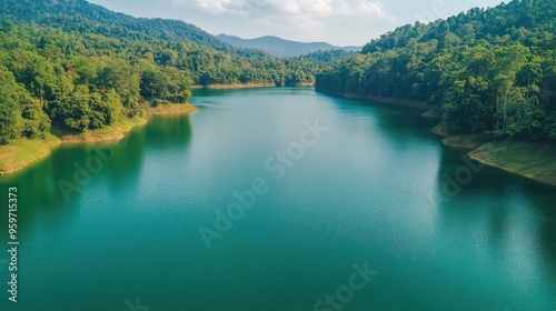 Aerial shot of the serene waters and surrounding forests of the Mae Ngat Dam in Chiang Mai, perfect for kayaking.