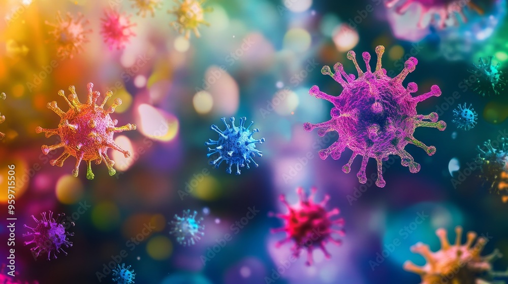 Colorful representation of viruses on a vibrant, abstract background, symbolizing health, disease, and microbiology concepts. Colorful representation of viruses on a vibrant, abstract background, symbolizing health, disease, and microbiology concepts.