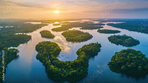 Aerial shot of the Si Phan Don (Four Thousand Islands) area, with its countless islands in the Mekong River. photo