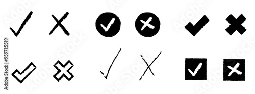 Black Check and Cross Mark Set. Hand drawn, doodle sketch, crayon, rough style. (Full Vector)