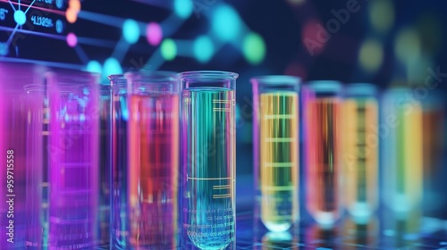 Colorful test tubes filled with vibrant liquids representing chemistry and science experiments in a modern laboratory.