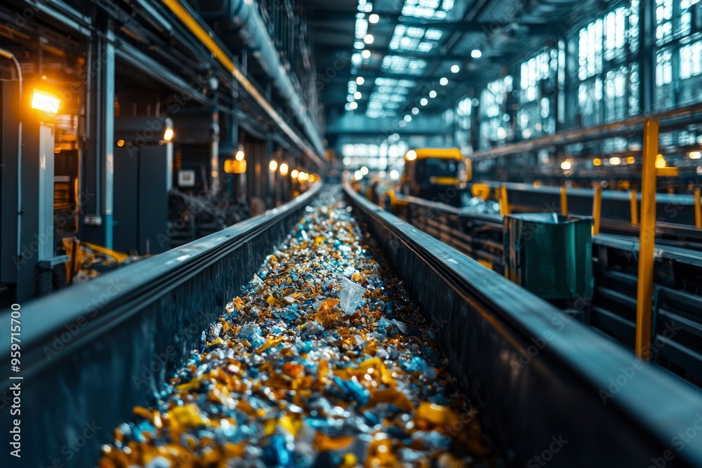 Conveyor Belt Carrying Crushed Glass in a Factory