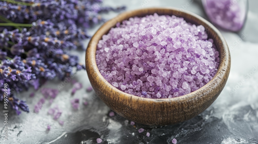 A beautiful arrangement of lavender salt in a wooden bowl, surrounded by fresh lavender flowers, evoking serenity and natural beauty. A beautiful arrangement of lavender salt in a wooden bowl, surrounded by fresh lavender flowers, evoking serenity and natural beauty.