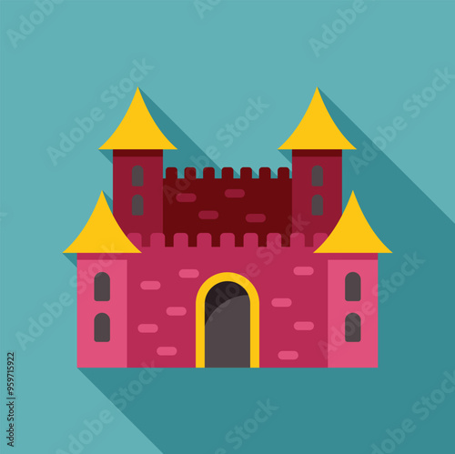 Medieval castle with yellow roofs standing tall against a clear blue sky, designed in a modern flat style