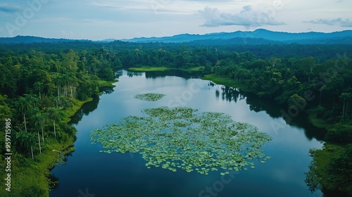 Aerial shot of the tranquil waters of Tasik Chini, with its lotus-covered surface and surrounding jungle. photo