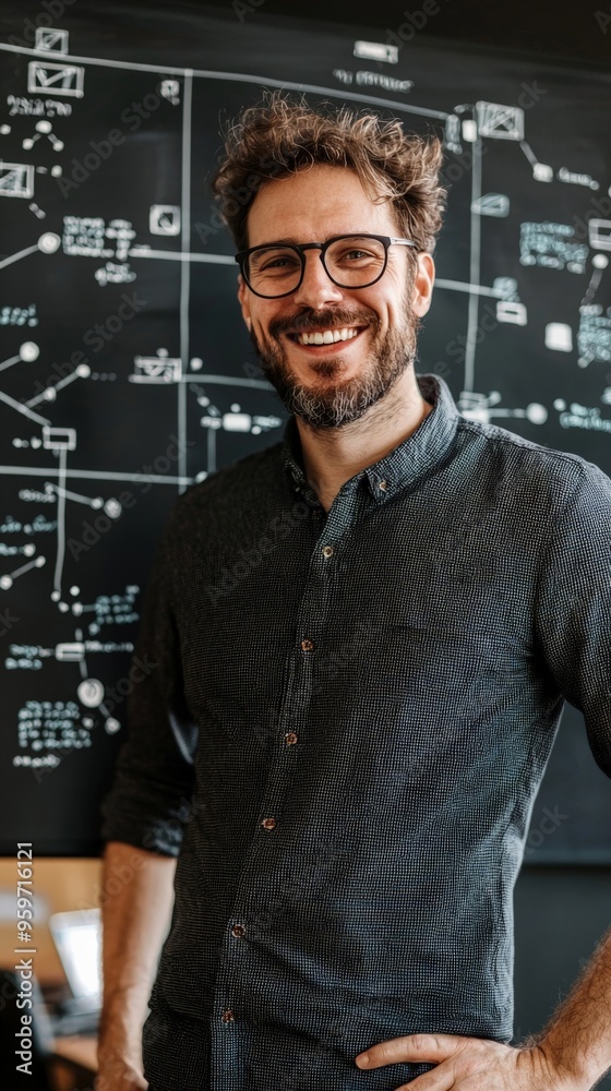 A blockchain developer smiling, presenting a blockchain diagram
