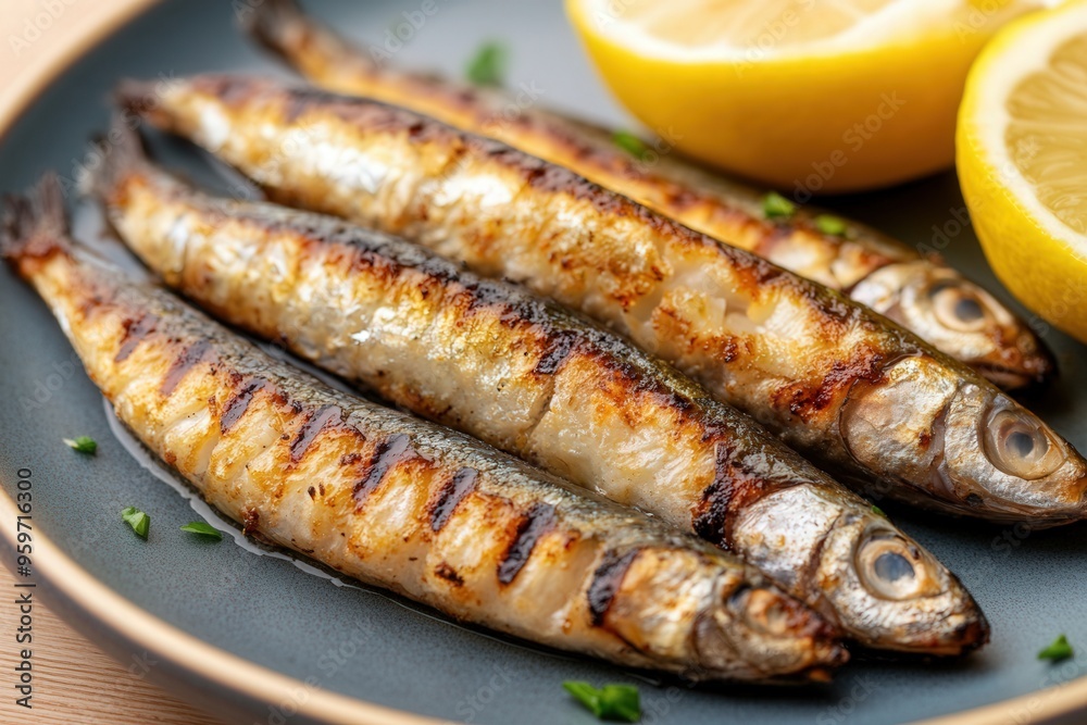 Grilled sardines served on a plate with lemon slices, showcasing a delicious and healthy seafood meal. Grilled sardines served on a plate with lemon slices, showcasing a delicious and healthy seafood meal.